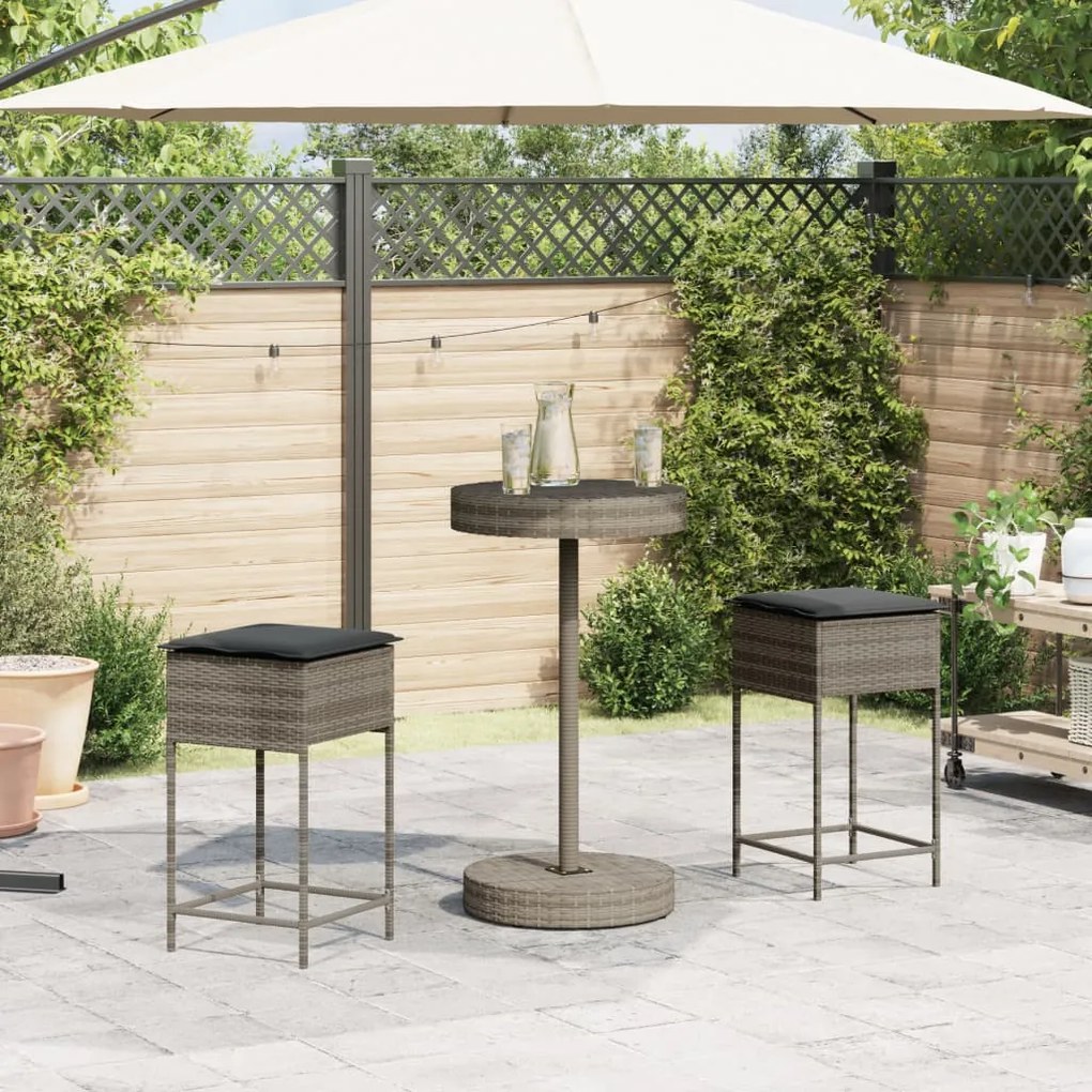 Set bar da giardino 3pz con cuscini grigio in polyrattan