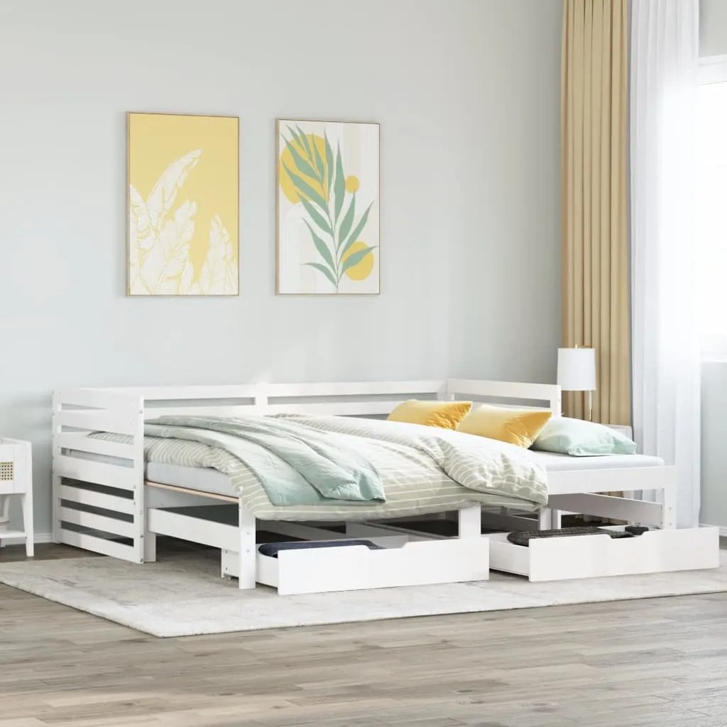 Dormeuse con cassetti bianco 90x200 cm legno massello di pino