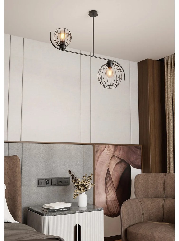 Lampadario Industrial 2 Luci Tyr In Acciaio Nero Paralumi A Gabbia