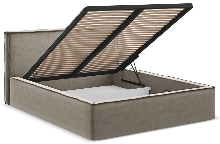 Letto matrimoniale imbottito tortora con contenitore con griglia 160x200 cm Anani - Makamii