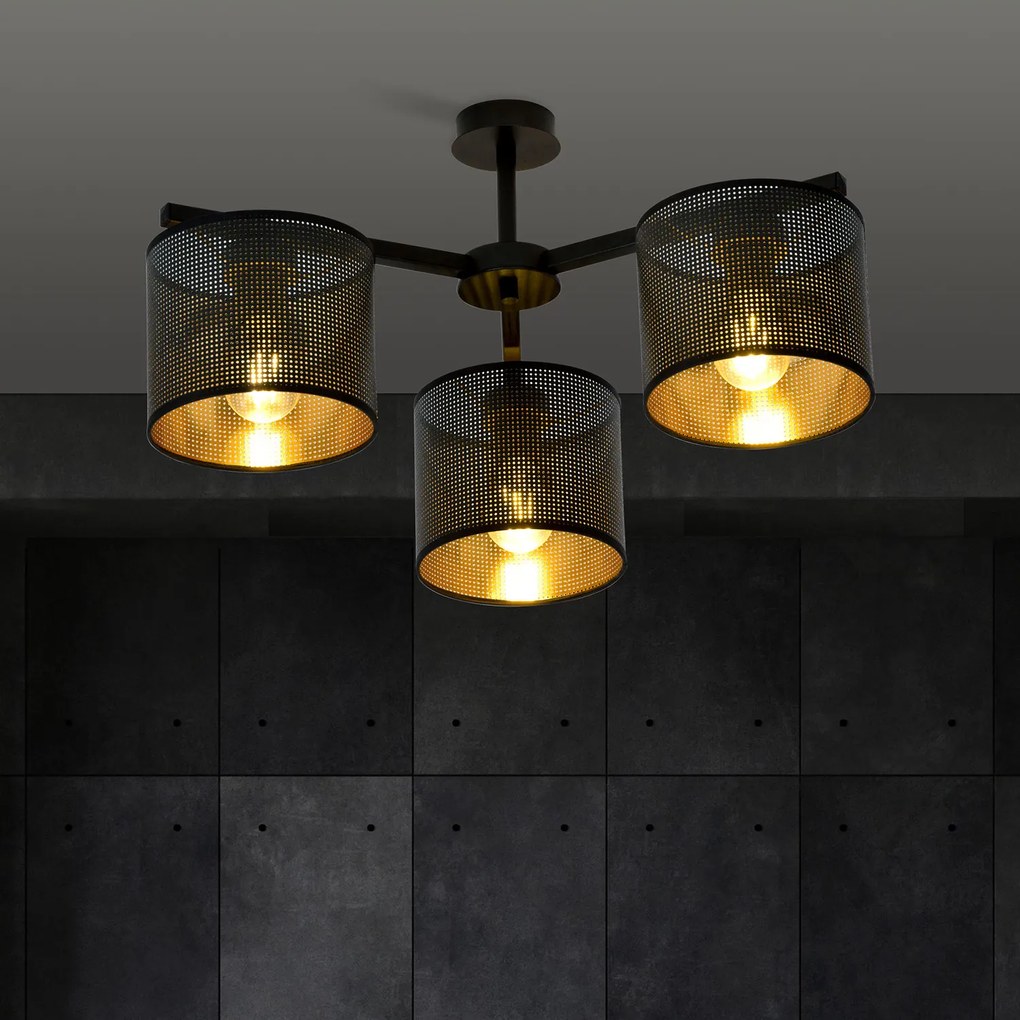 Plafoniera Industrial 3 Luci Cigno In Acciaio Nero E Paralumi A Cilindro Oro