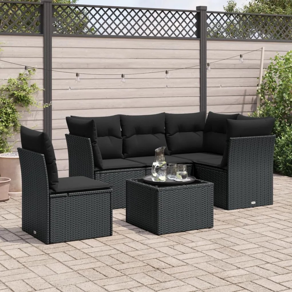 Set divano da giardino 6 pz con cuscini nero in polyrattan