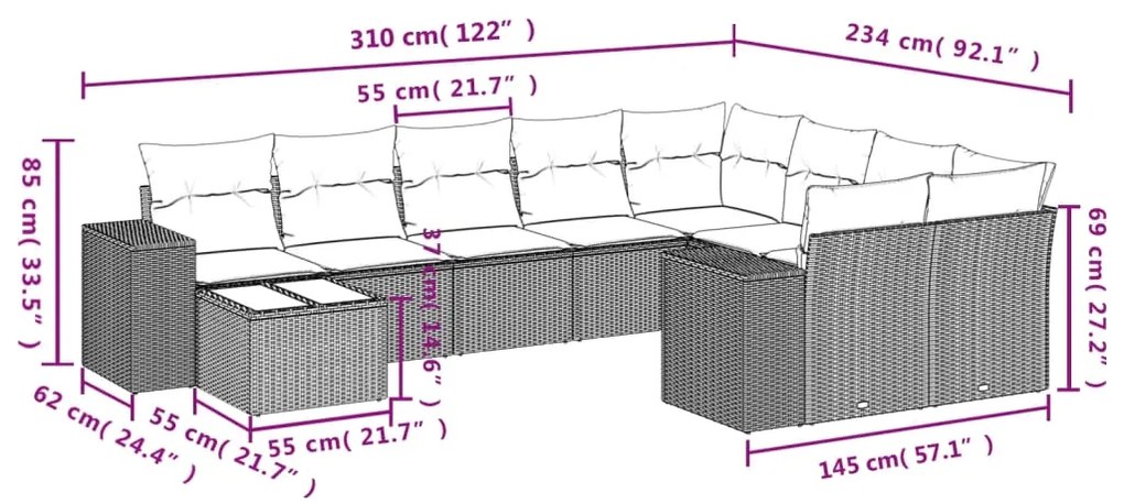 Set Divano da Giardino 10 pz con Cuscini Grigio in Polyrattan