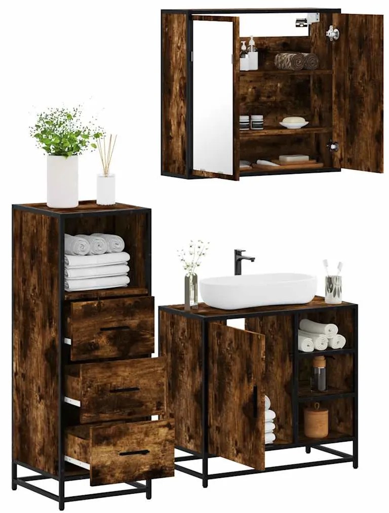 Set Mobili Da Bagno 3 Pz Rovere Fumo İn Legno Multistrato /