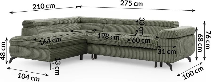 Divano angolare verde (con penisola a sinistra/a L) con rivestimento in velluto a coste Marbeya – Ropez