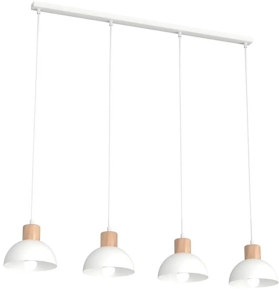 Sospensione Nordica 4 Luci Thoth In Acciaio Bianco A Cupola E Legno Naturale
