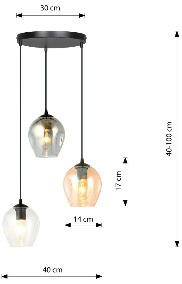 Lampadario a Sospensione in Acciaio e Vetro ISTAR 3 BL PREMIUM 3xE27 Colore delle Sfere Grafite, Trasparente, Ambrata