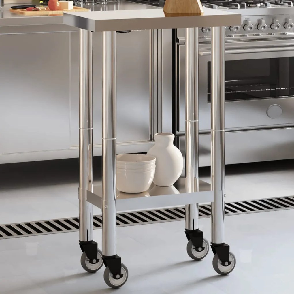 Tavolo Da Lavoro Cucina Con Ruote 55x30x85 Cm İn Acciaio Inox /