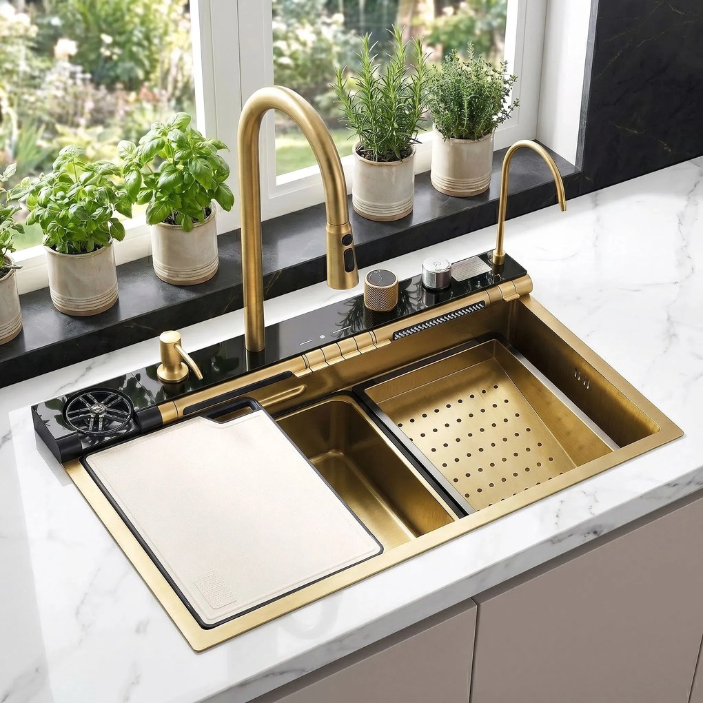 Lavello multifunzionale in acciaio 10 in 1 REA Alonzo Brush Gold