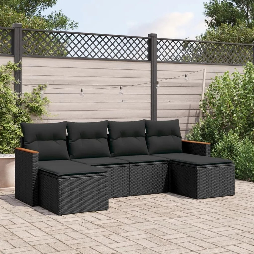 Set divano da giardino 6 pz con cuscini nero in polyrattan