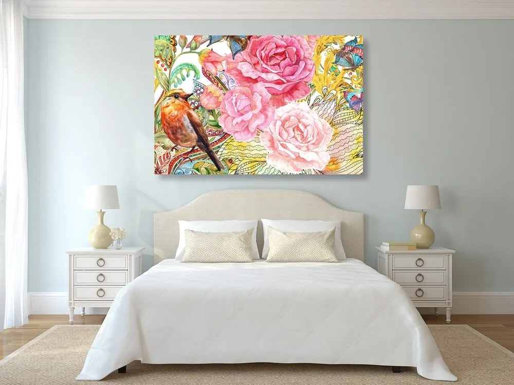 Quadro su tela – Uccellino vintage con fiori