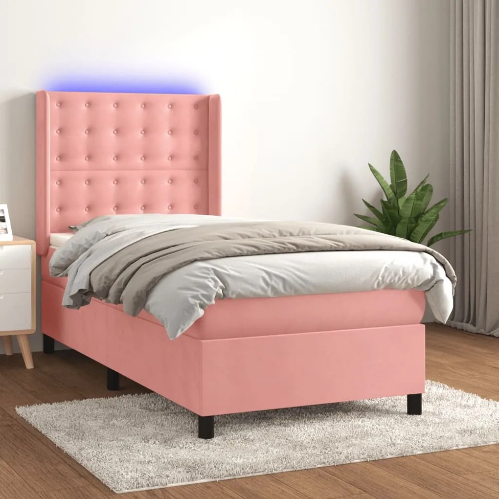 Letto A Molle Con Materasso E Led Rosa 100x200 Cm İn Velluto /