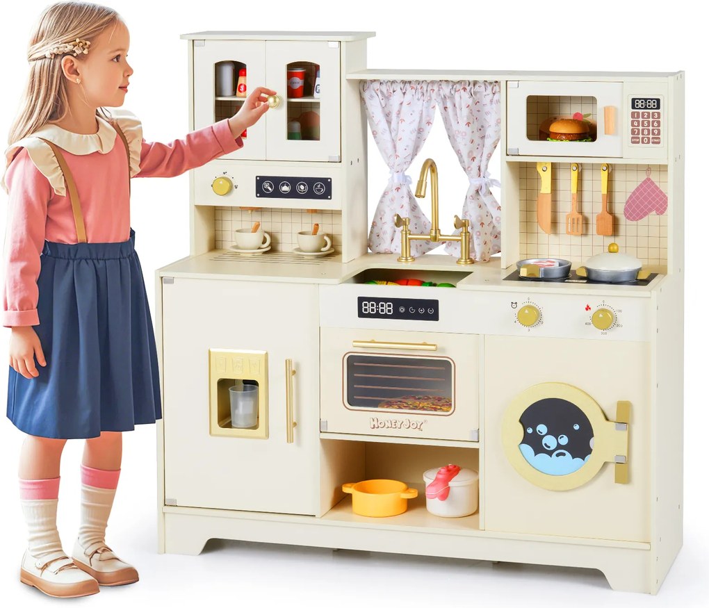 Costway Cucina giocattolo bambini legno 3+ anni fornelli rubinetto lavello caffè ghiaccio, Set gioco microonde 14 accessori