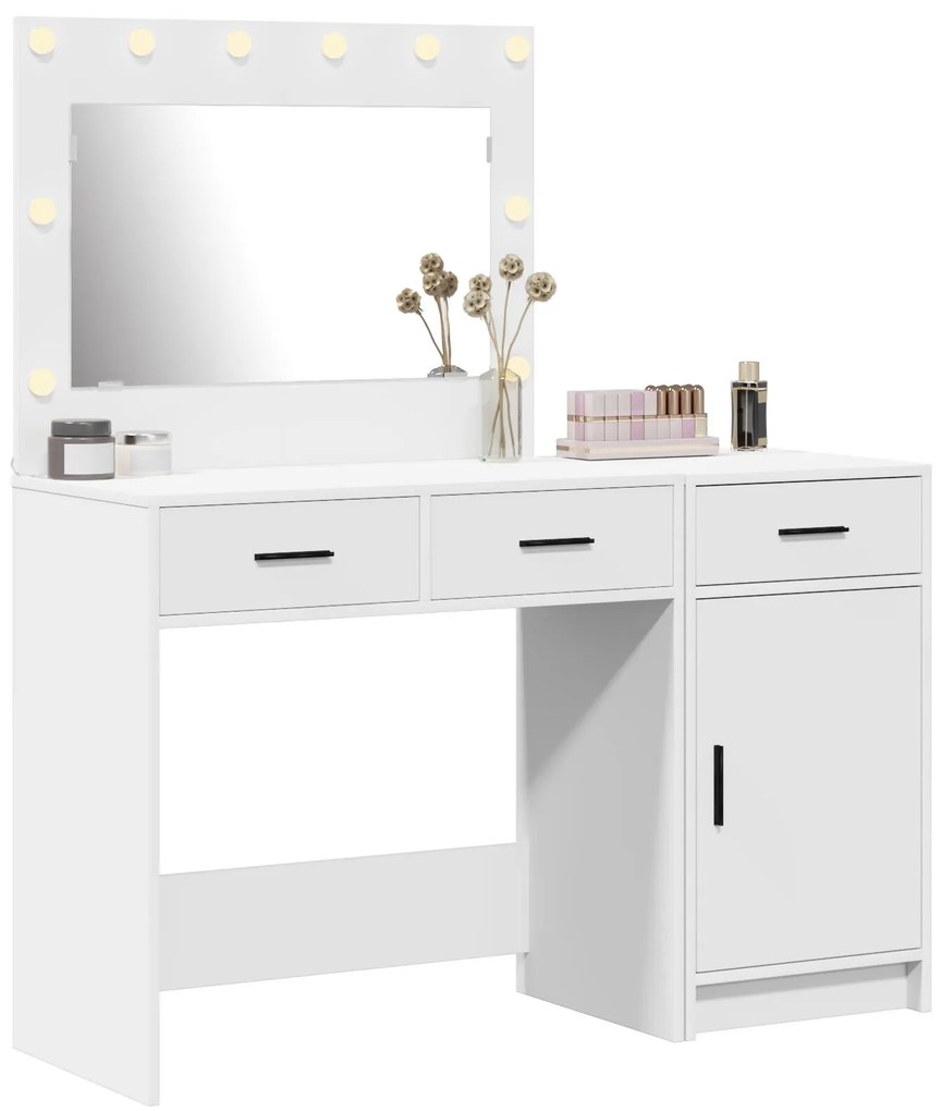 Set da tavolo da trucco a 2 pezzi con led in legno ingegnerizzato bianco