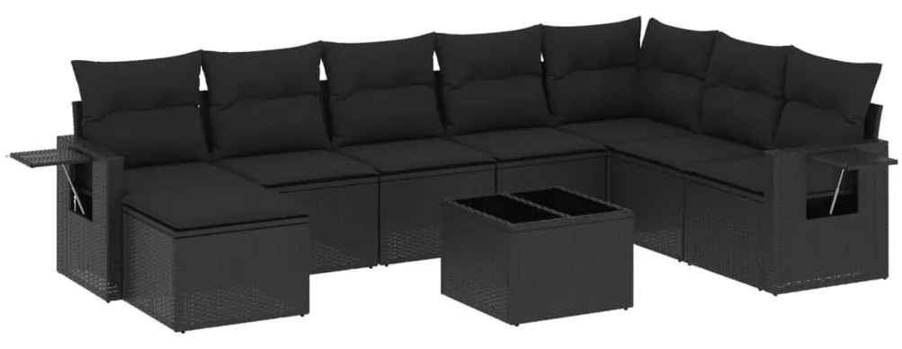 Set divani da giardino 9 pz con cuscini nero in polyrattan