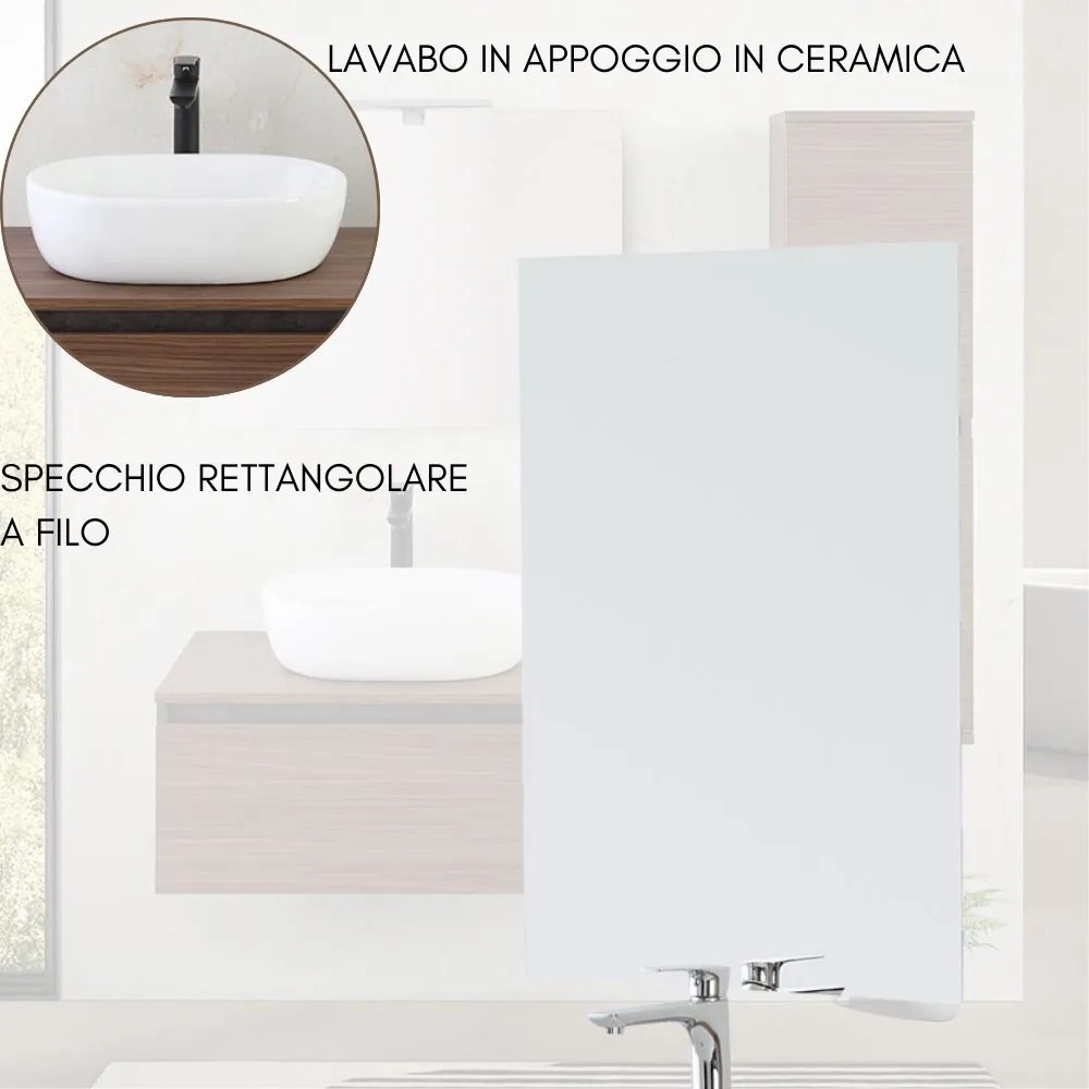 Mobile Bagno Sospeso con Lavabo da Appoggio e Specchio 1 Cassetto Salvaspazio in Legno  80 cm - Noce Canaletto