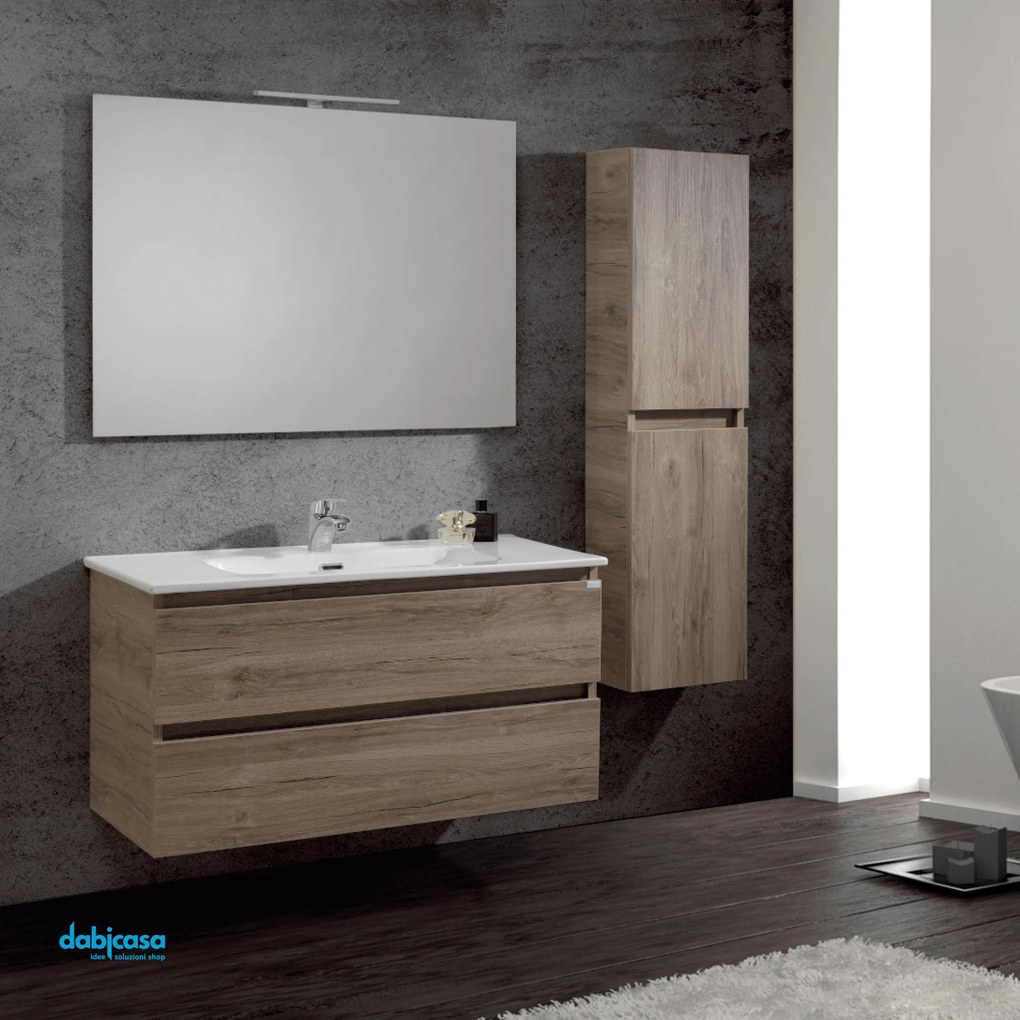 Mobile Bagno Sospeso "Vulcano" Da 100 Cm Composto Da Due Cassetti Lavabo E Specchio Con Lampada Led