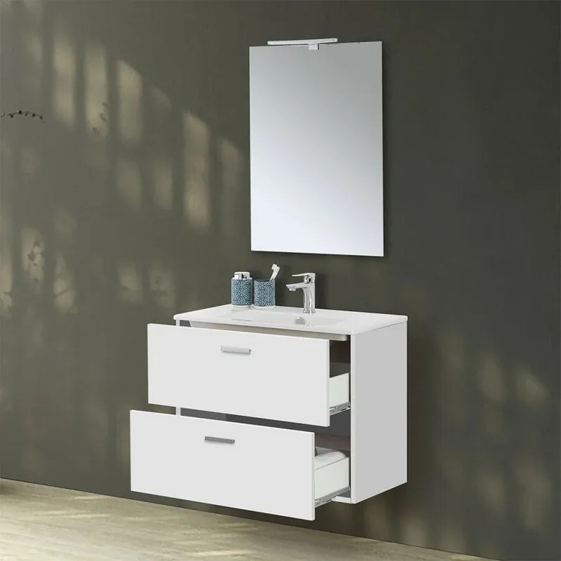 Mobiletto bagno sospeso 80 bianco con top e specchio LED Martha
