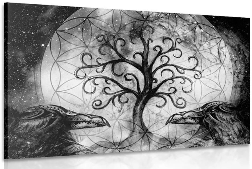 Stampa su tela – Albero della vita magico in bianco e nero