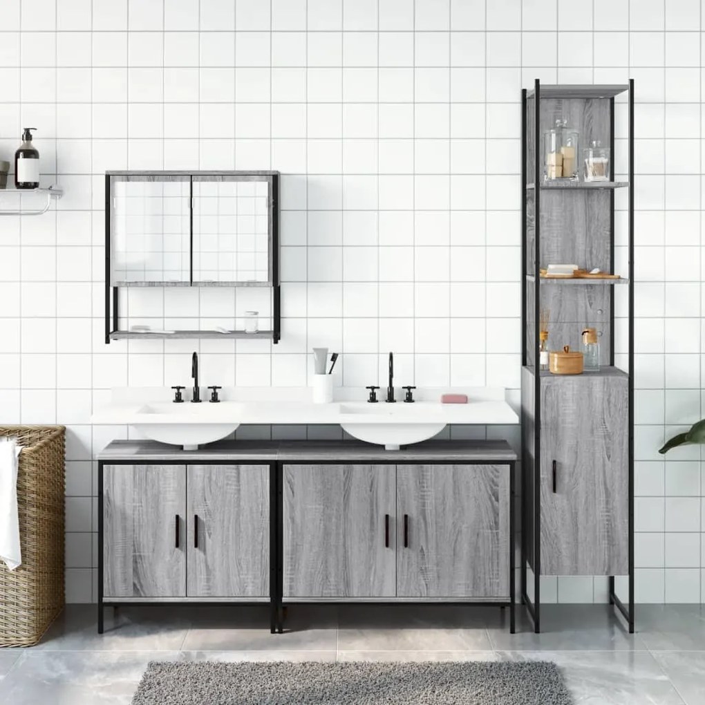 Set mobili da bagno 4 pz grigio sonoma in legno multistrato