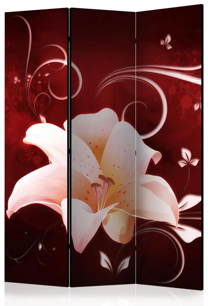Paravento design Messaggio d'amore (3 parti) - bellissimo giglio bianco su sfondo rosso