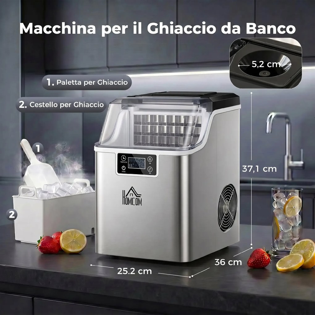 Macchina del Ghiaccio 3,2 Litri 24 Cubetti 299W in Acciaio Argento...