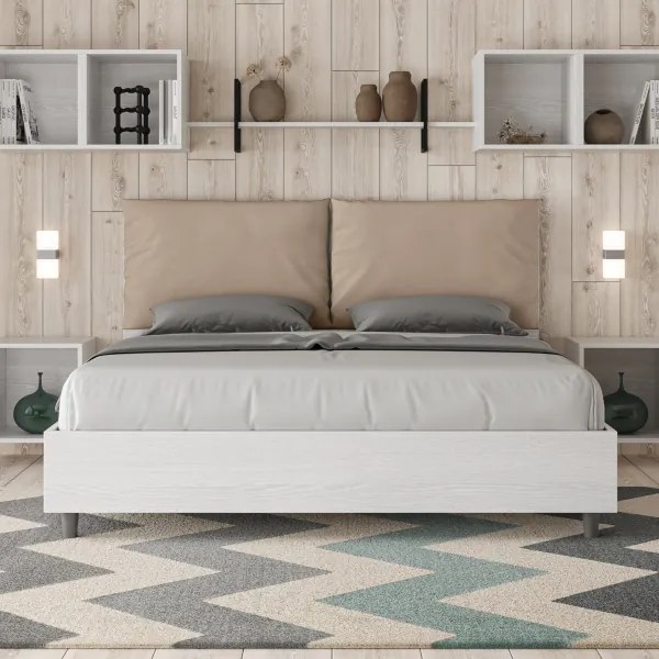 Letto matrimoniale senza rete 160x190 bianco frassino cuscini similpelle tortora Egos Antea