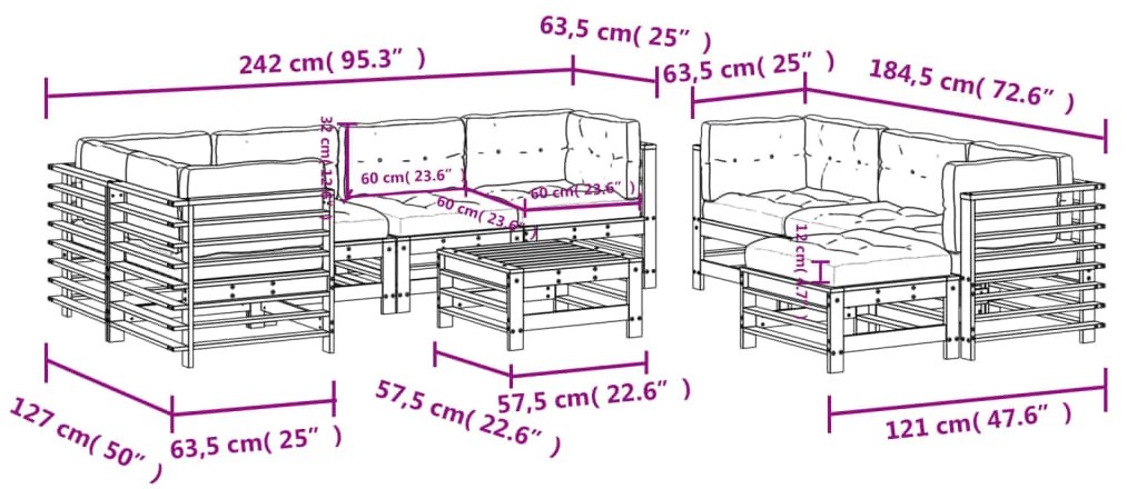 Set Divani da Giardino 10 pz con Cuscini Legno Impregnato Pino