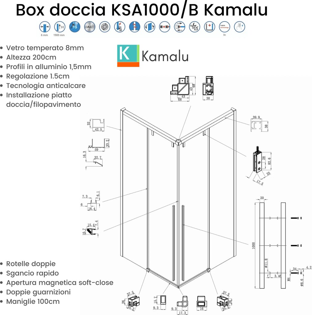 Box doccia 80x80 finitura acciaio spazzolato apertura doppio scorrevole vetro 8mm | KSA1000AS - KAMALU