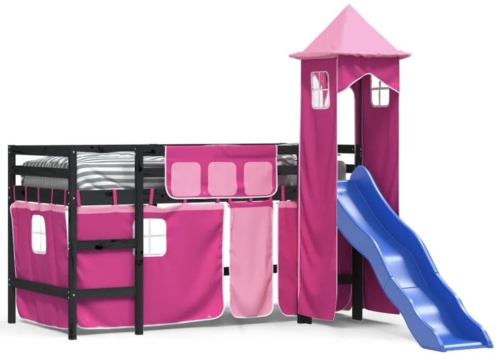 Letto a soppalco con torre bambini rosa 80x200cm massello pino