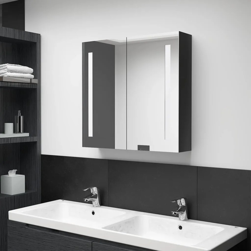 Armadietto bagno con specchio e led nero lucido 62x14x60 cm