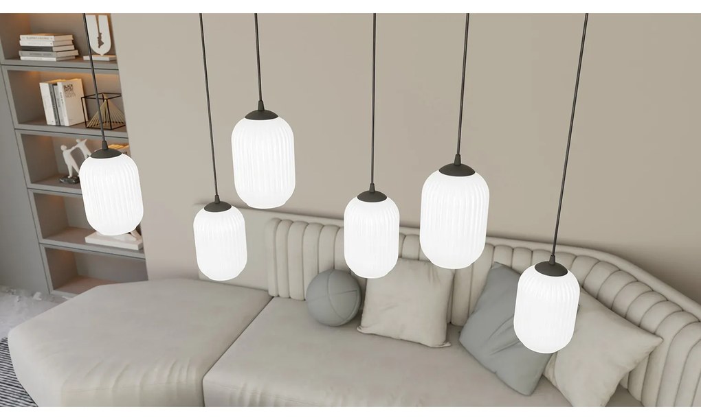 Lampadario 6 Luci Selene In Acciaio Nero E Vetri Plissettati Bianchi