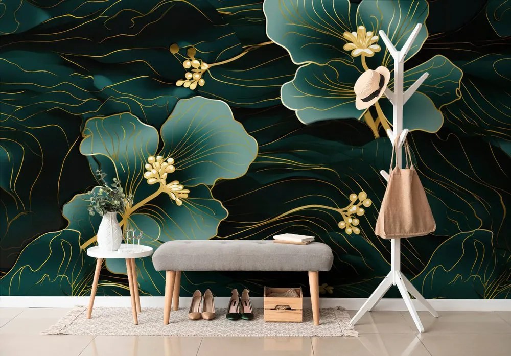 Carta da parati – Fiore verde-oro di lusso