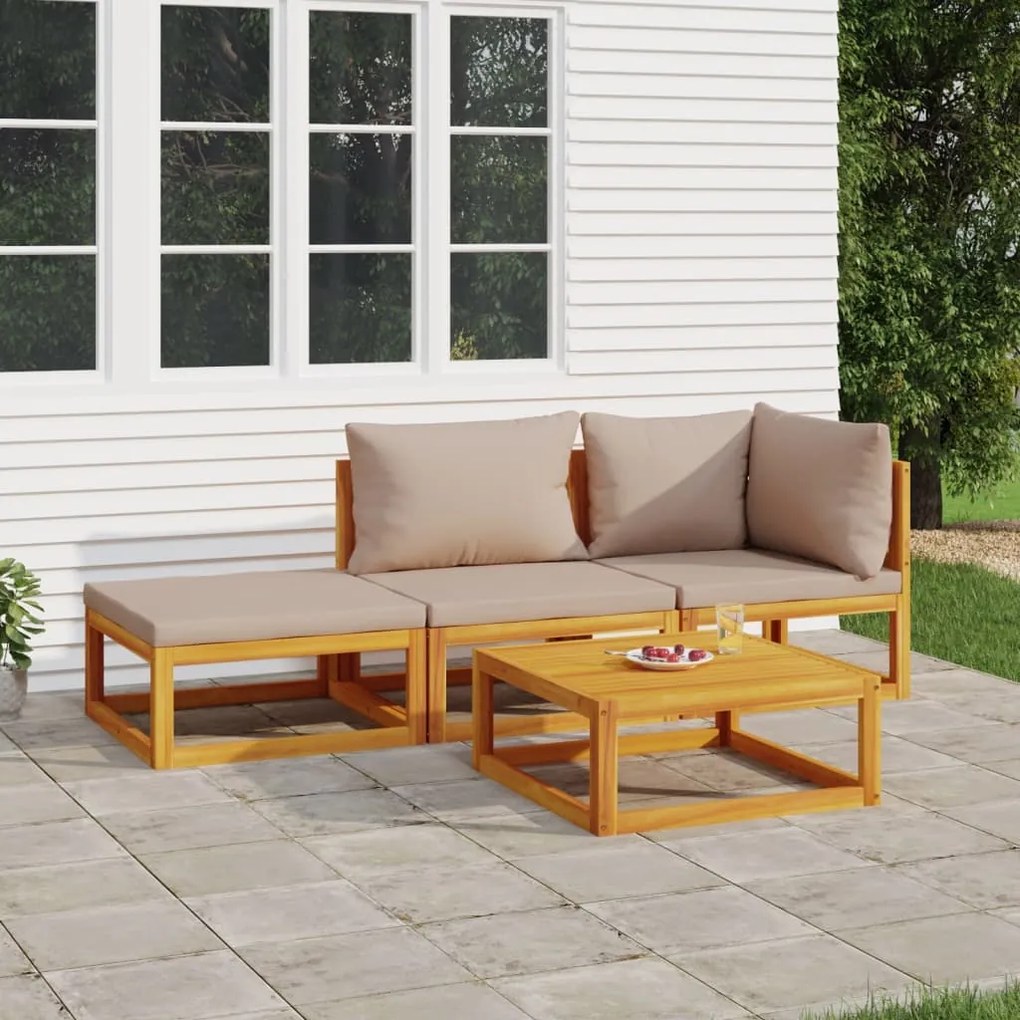 Set salotto da giardino 4pz con cuscini tortora legno massello