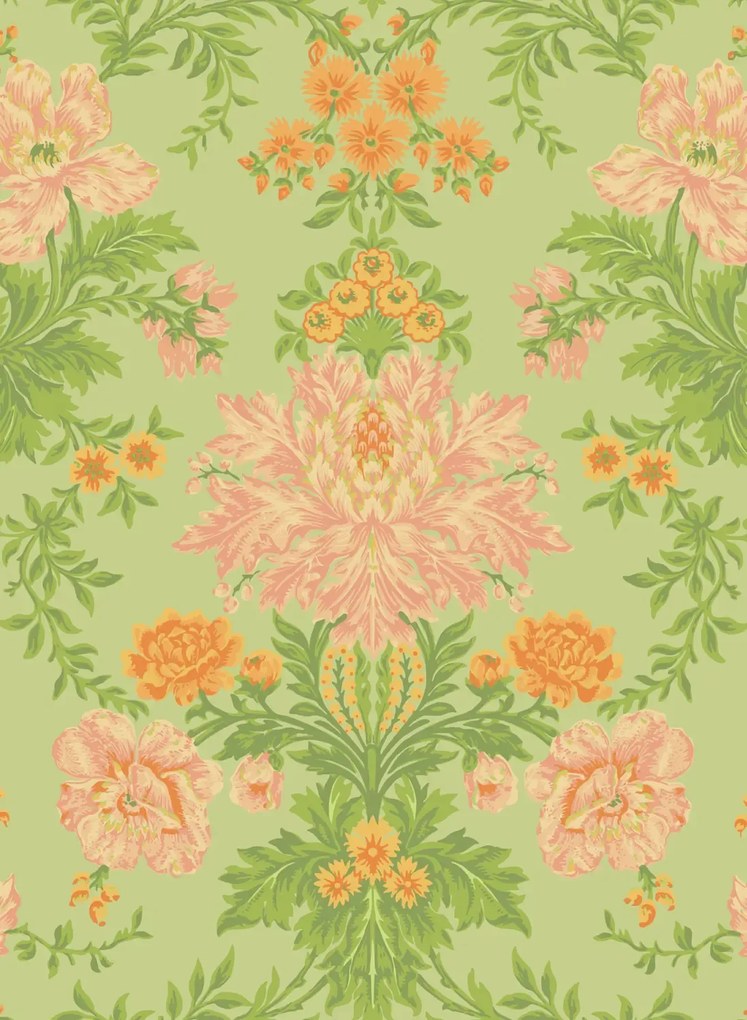 Cole & Son Carta da parati Poppies - Peach/ Marigold and Grass on Soft Green