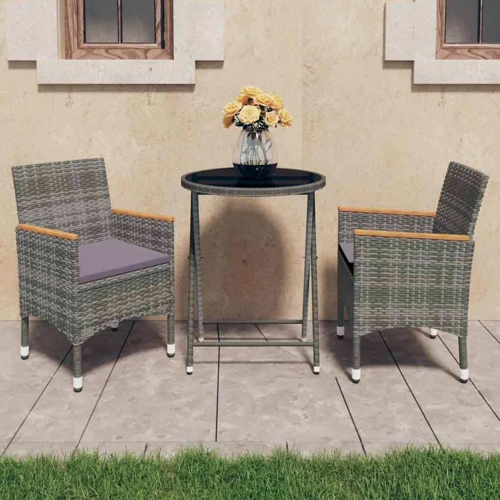 Set Bistrot Giardino 3 Pz Polyrattan E Vetro Temperato Grigio /