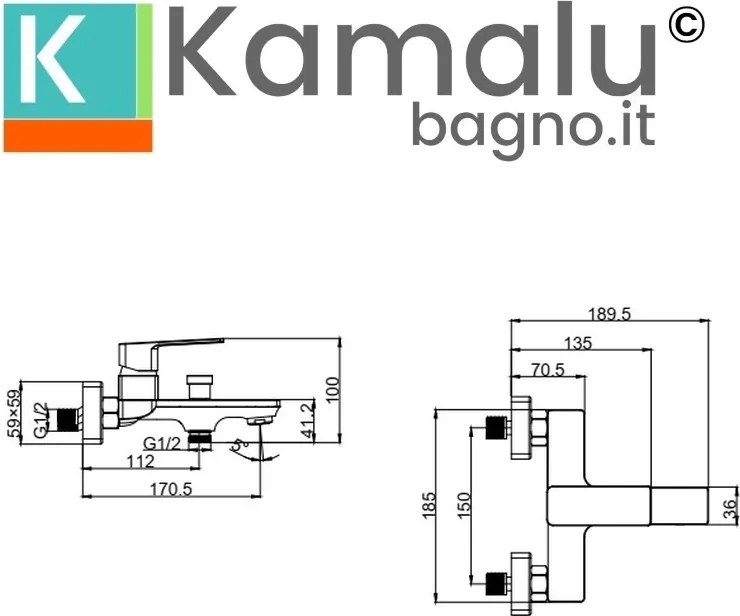 Kamalu - Miscelatore vasca in ottone nero con doccetta e flessibile PVC | KAM-DIANA NERO