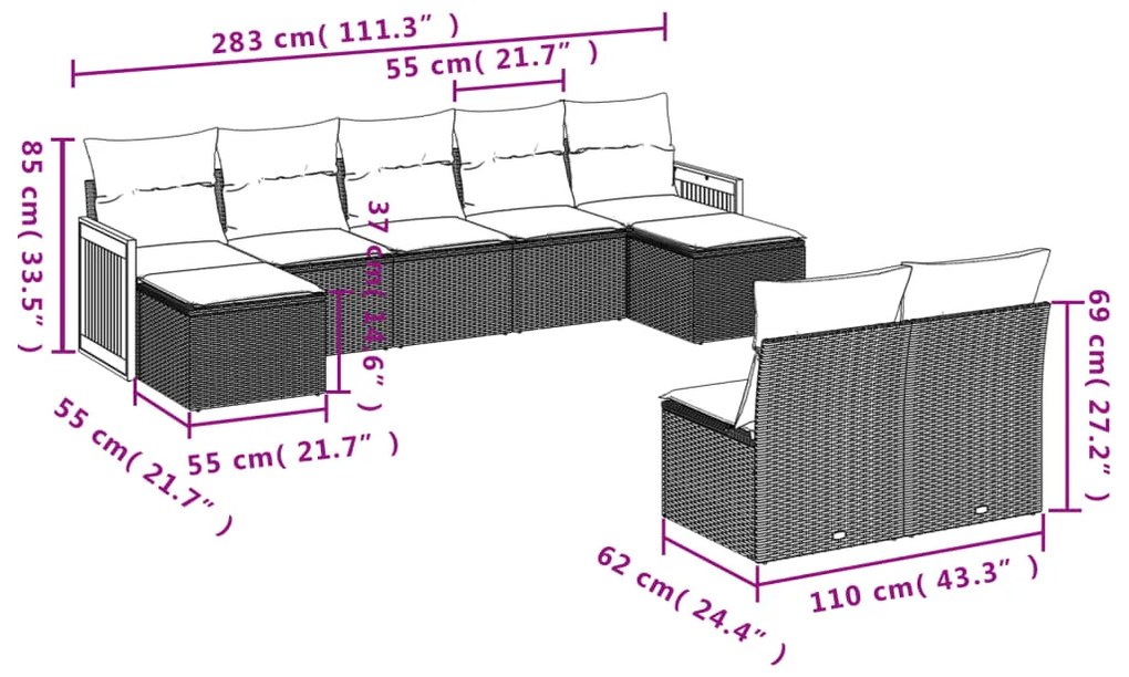 Set divano da giardino 9 pz con cuscini grigio in polyrattan