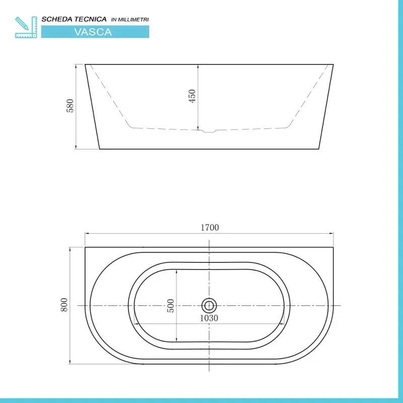 Vasca da bagno a parete 80x170 cm scarico incluso Arya