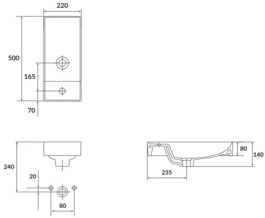 Cersanit K677-005 - Lavabo da appoggio LARGA 22x50 cm ceramica bianco lucido