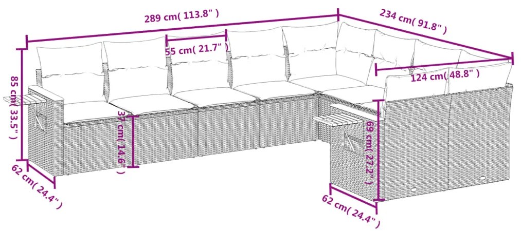 Set divani da giardino 9 pz con cuscini nero in polyrattan