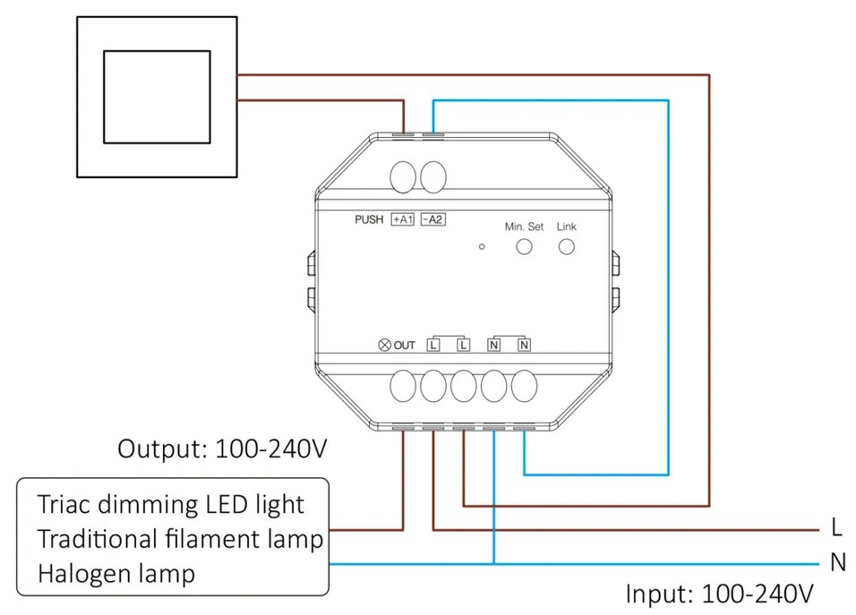 Dimmer da Pulsante Push e Telecomando TRIAC 230Vac 300W RF