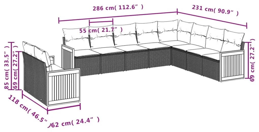 Set Divano da Giardino 10 pz con Cuscini Grigio in Polyrattan