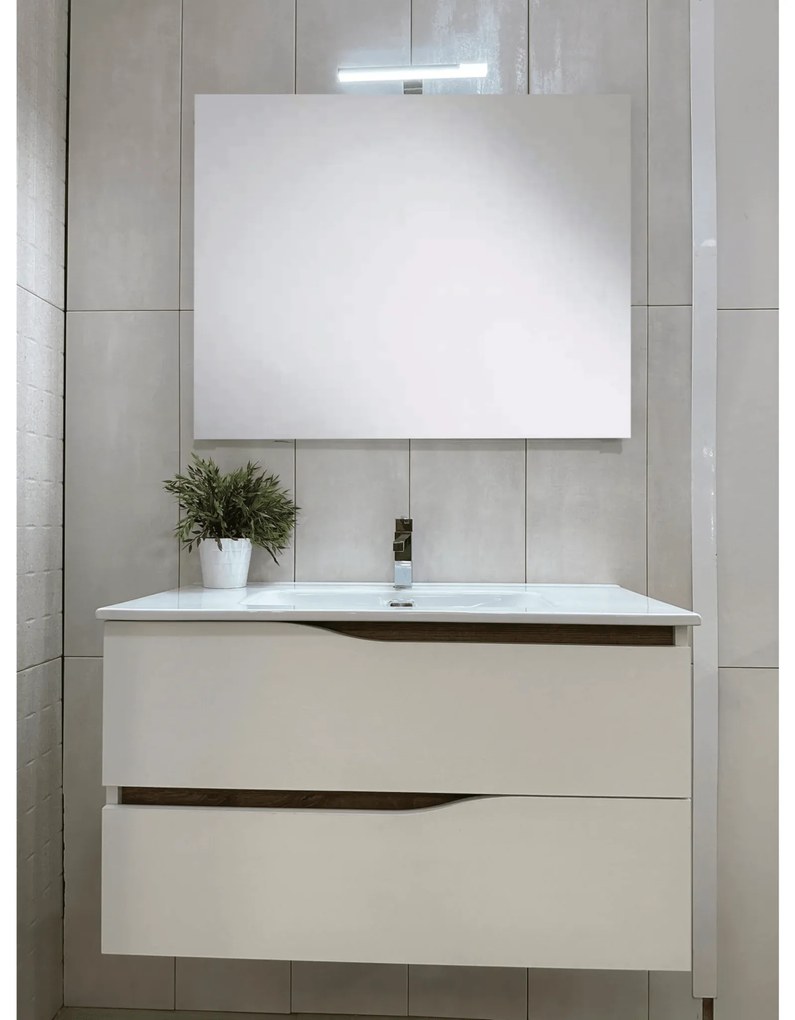 Mobile Bagno Sospeso 90 Cm Due Cassetti Specchio Con Lampada Led 70x80 Cm EdLine "Smart" Bianco/Sherwood Natural