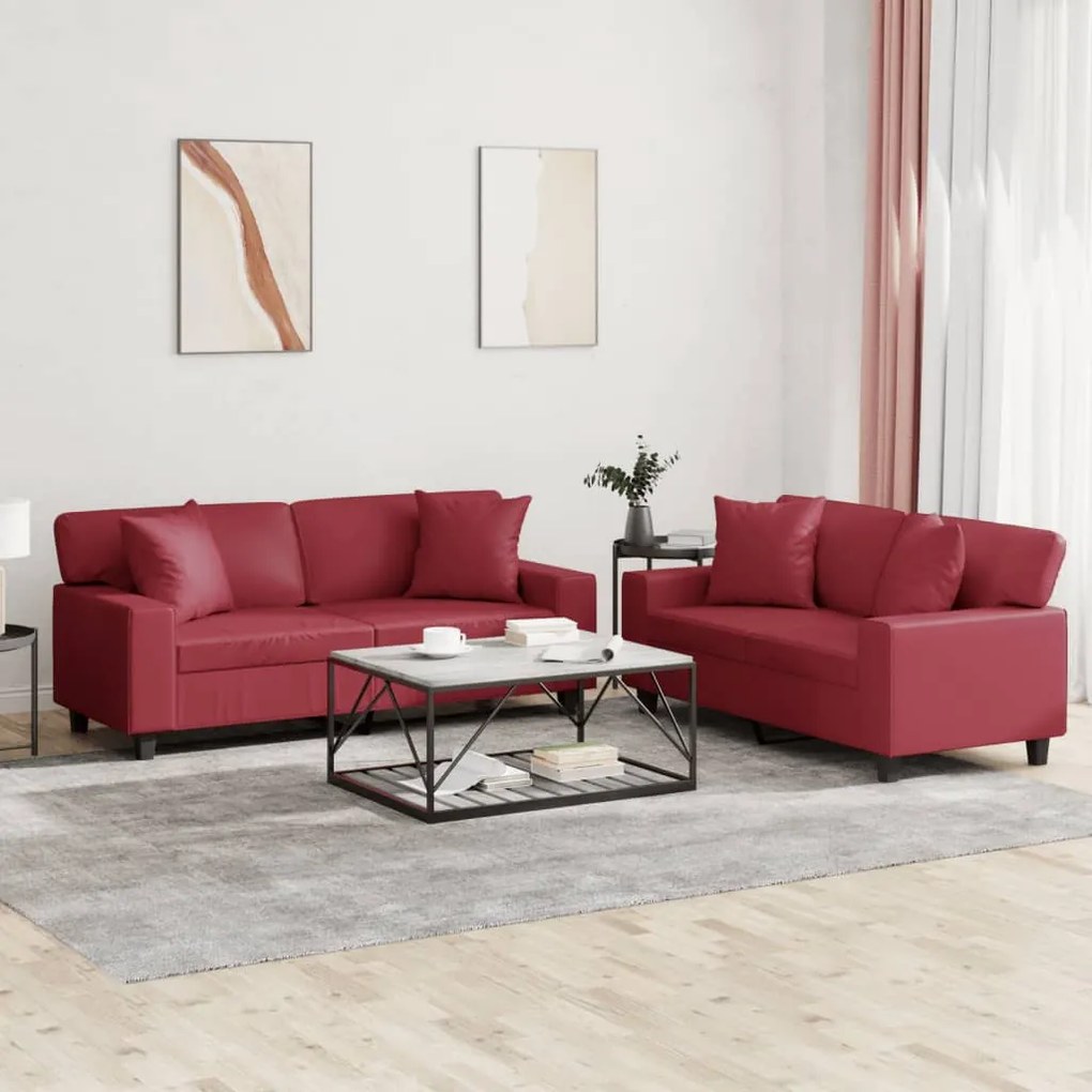 Set Di Divani 2 Pz Con Cuscini Rosso Vino İn Similpelle /