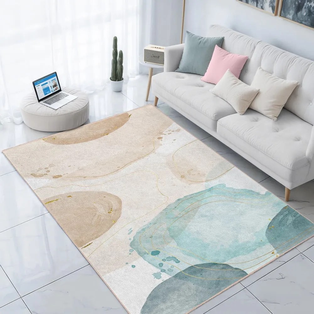 Passatoia color crema/turchese lavabile 80x200 cm Puddle – Mila Home