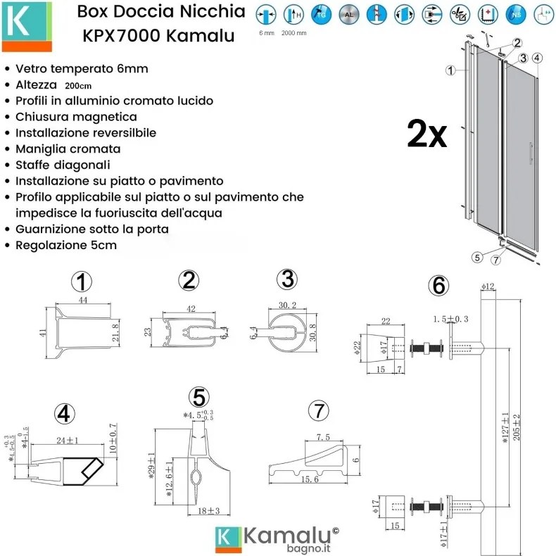 Kamalu - Box doccia nicchia 175 cm doppio battente | KPX7000