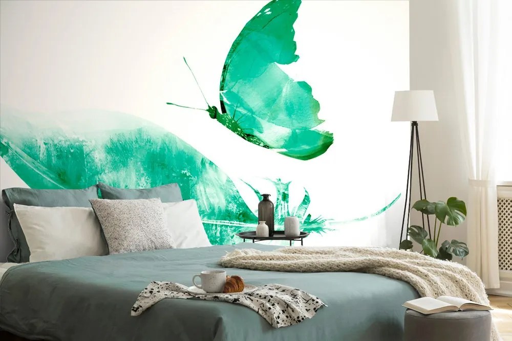Carta da parati – Piuma con farfalla in stile verde