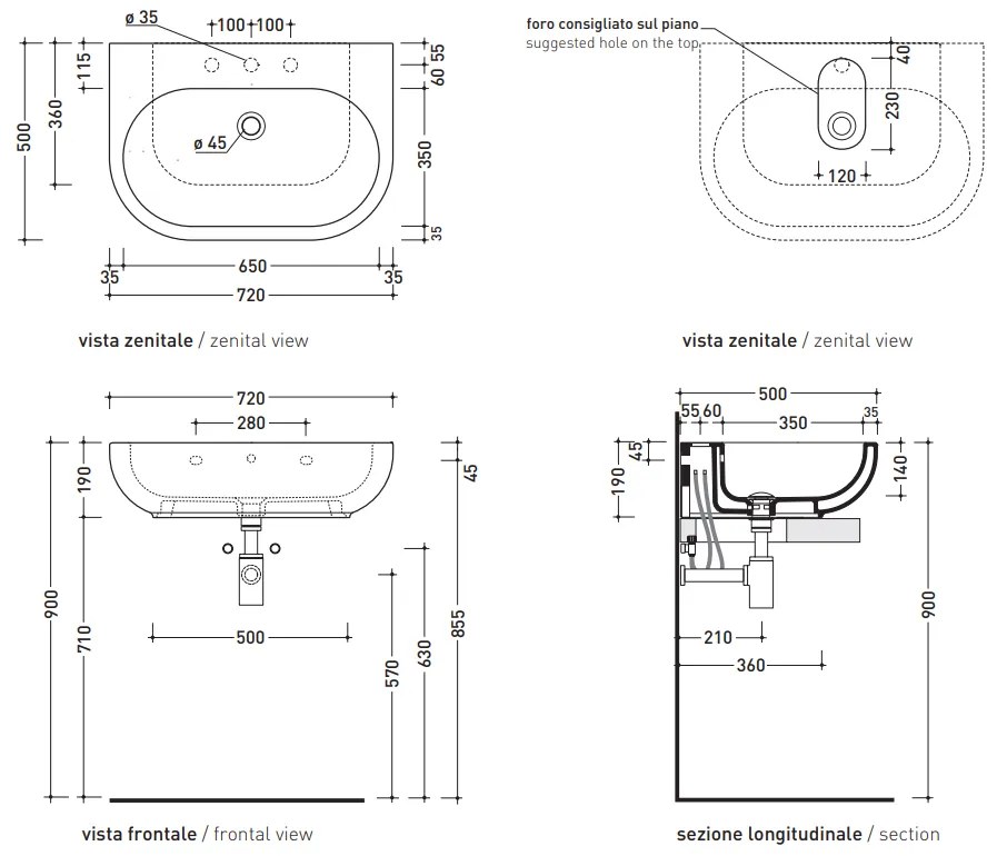 Flaminia Pass lavabo 72x50 da appoggio o sospeso con piano rubinetteria in ceramica bianco