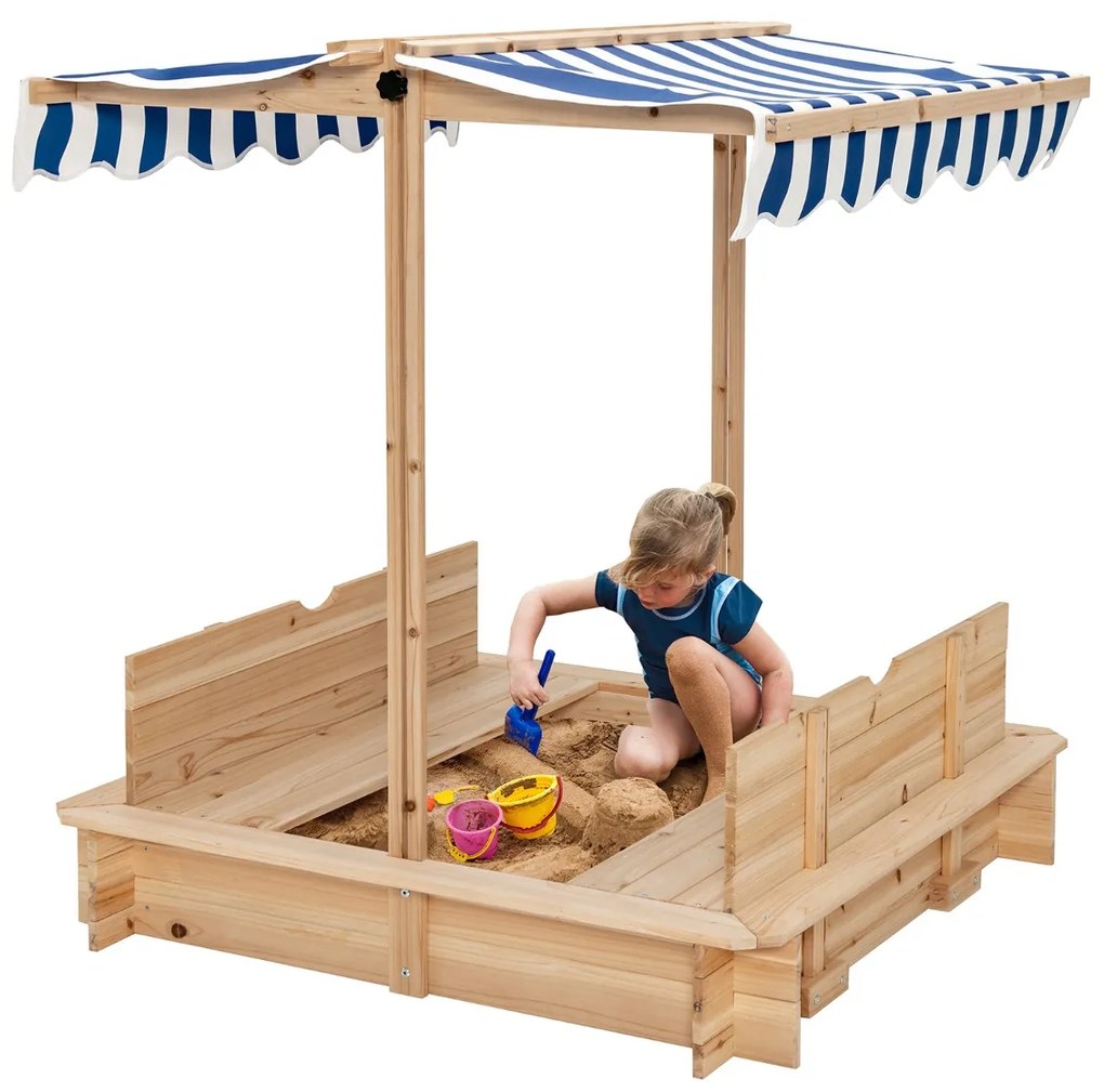 Costway Sabbiera in legno per bambini all'aperto, Sabbiera con 2 panchine convertibili e tettoia regolabile in altezza